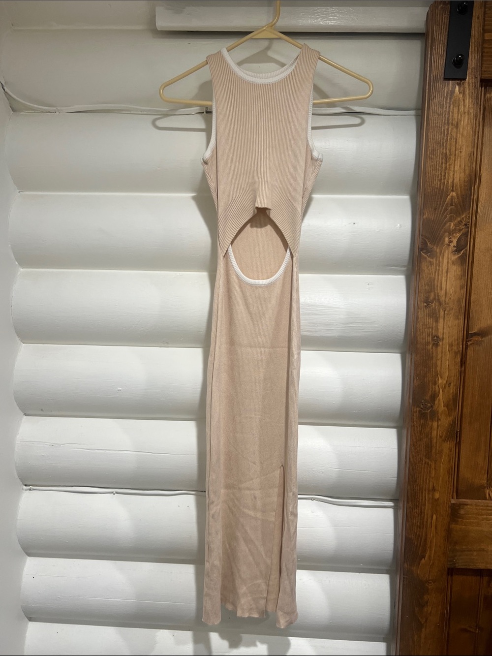 SHEIN Beige Cutout Maxi Dress with White Trim